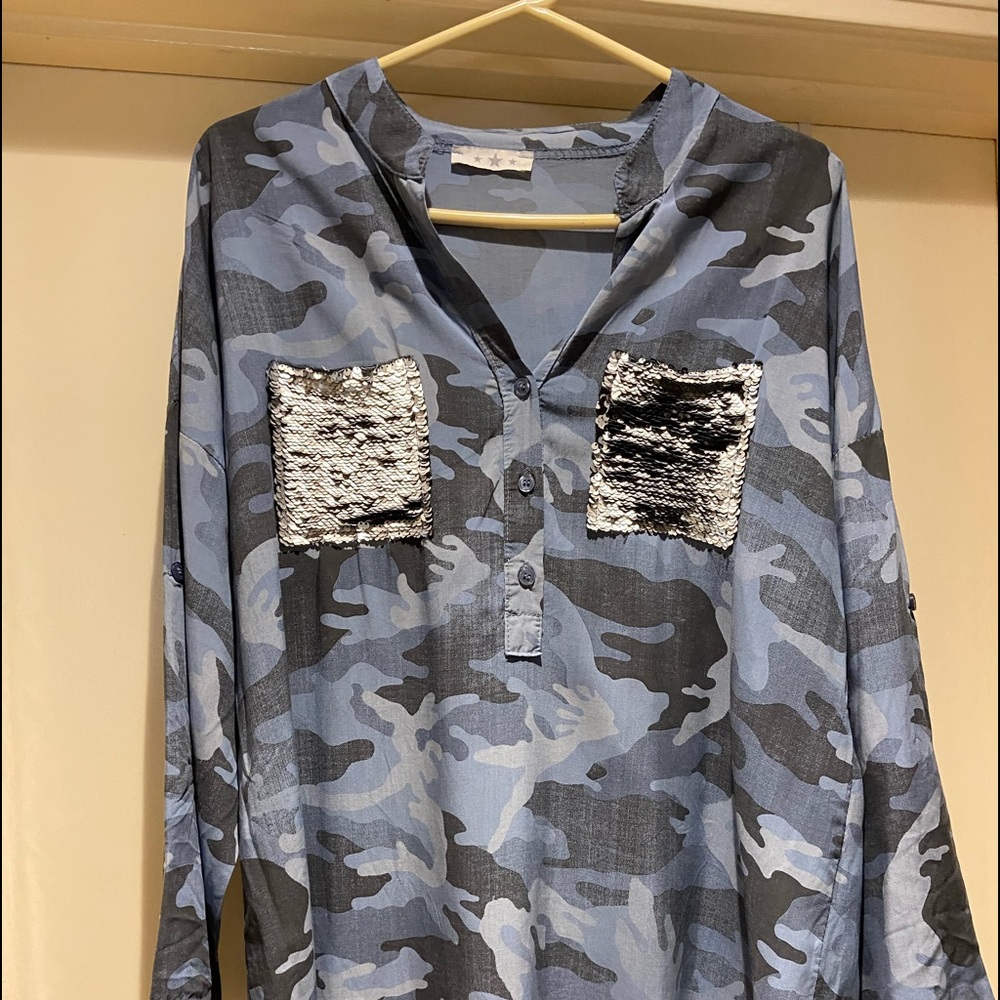 Blue camo Washable silk blouse